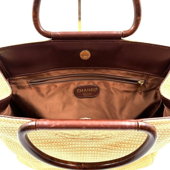 Authentic CHANEL Vintage Raffia Tote Woven Straw Shoulder Bag Wooden Ring Beige - Picture 11 of 12